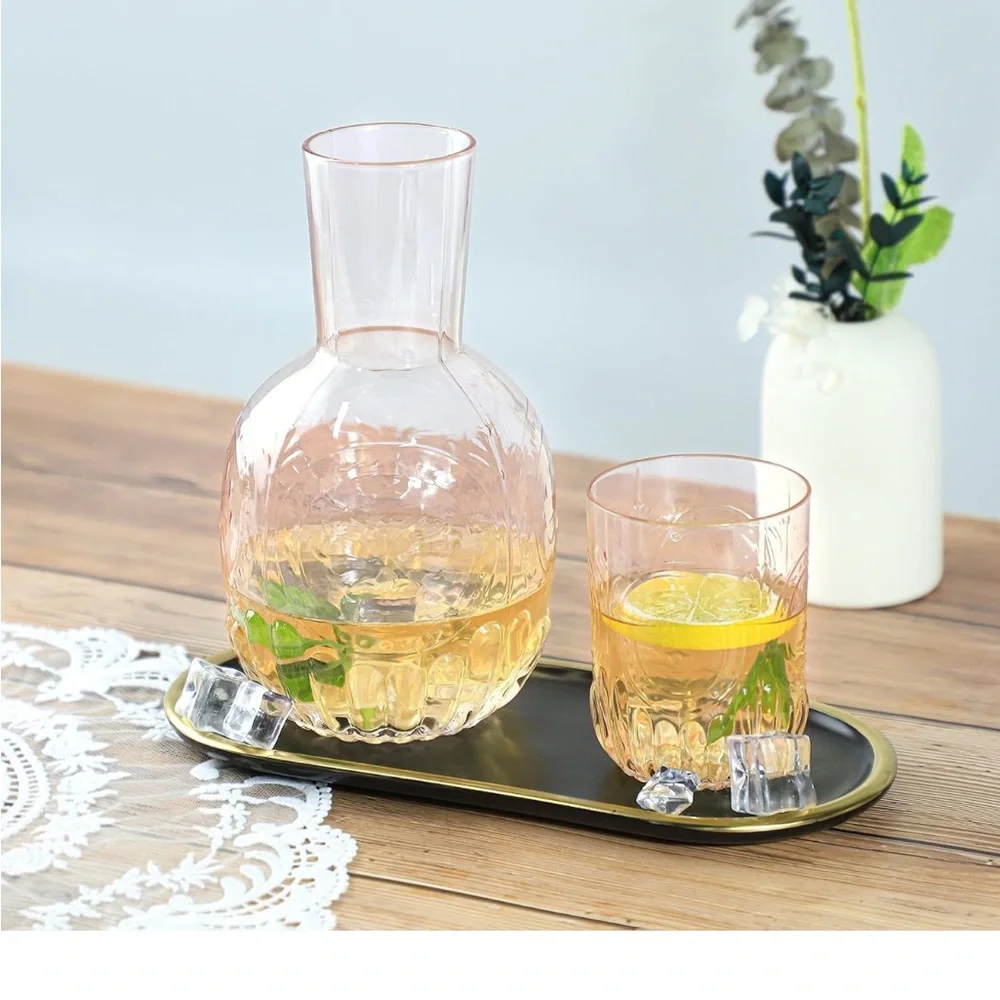 Embossed Bedside Water Carafe Glass Set  Pink